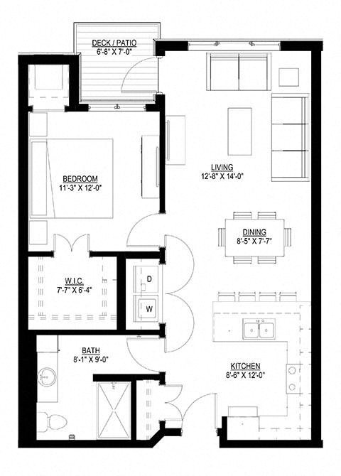 Floor plan for 1 bed, 1 bath, 811 sqft